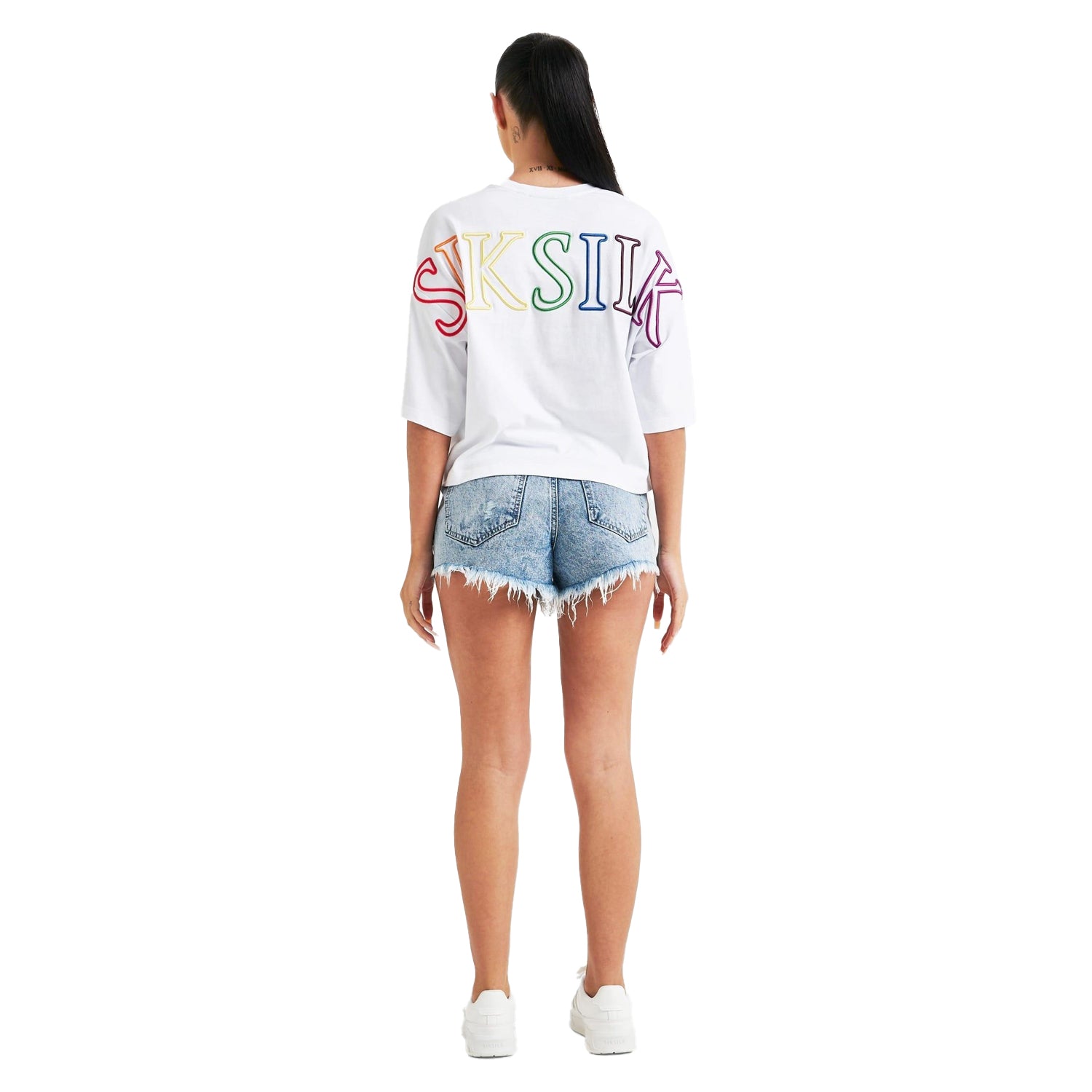 White - Back - SikSilk Womens-Ladies Branded Crop T-Shirt