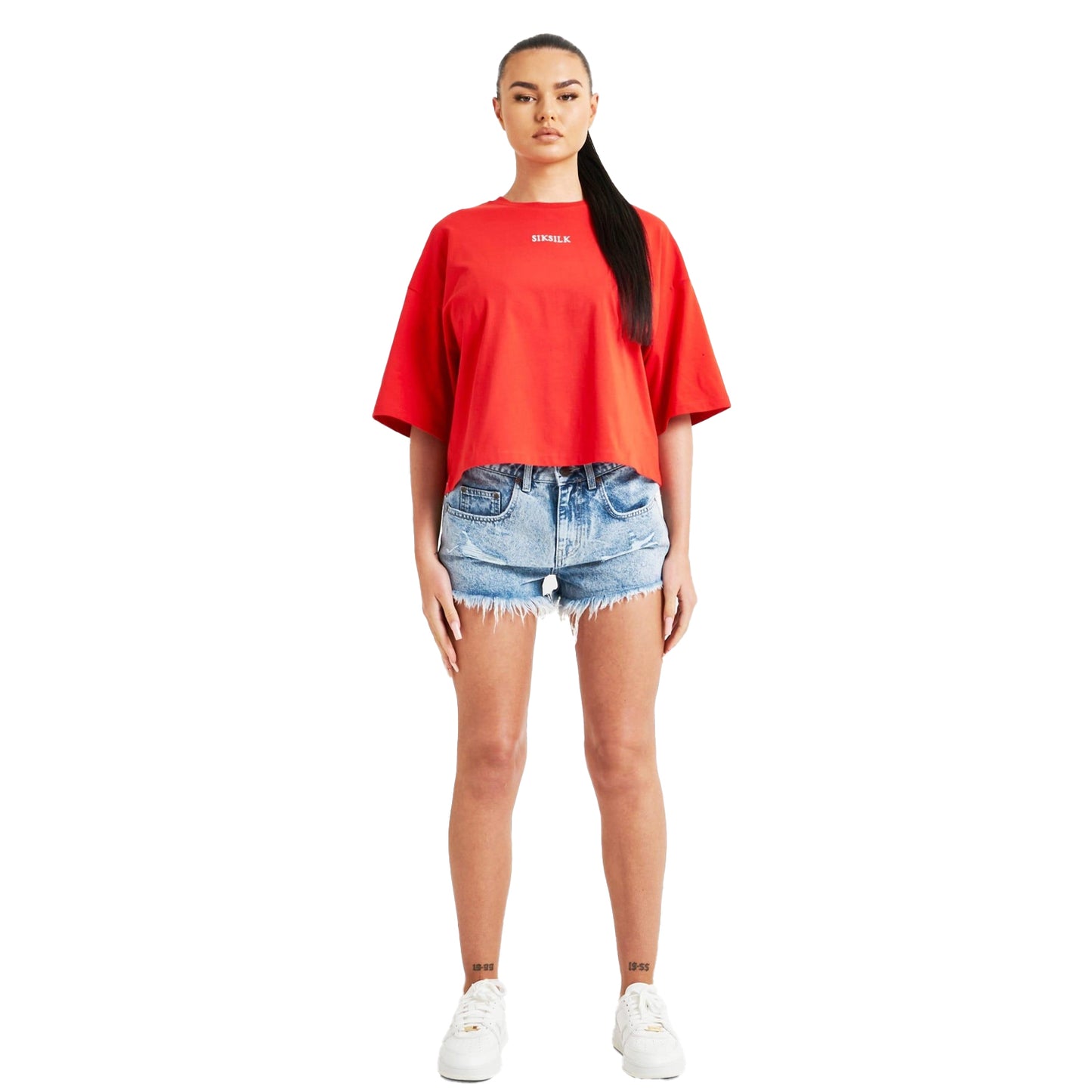 Red - Front - SikSilk Womens-Ladies Branded Crop T-Shirt
