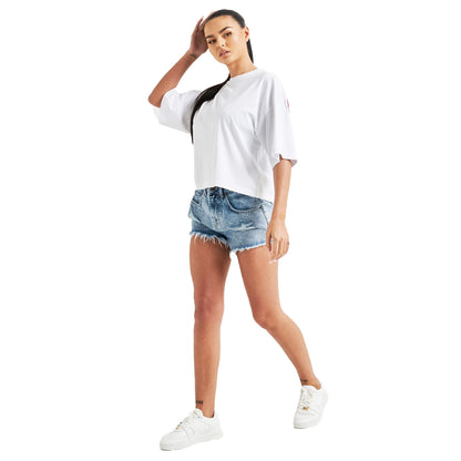 White - Side - SikSilk Womens-Ladies Branded Crop T-Shirt