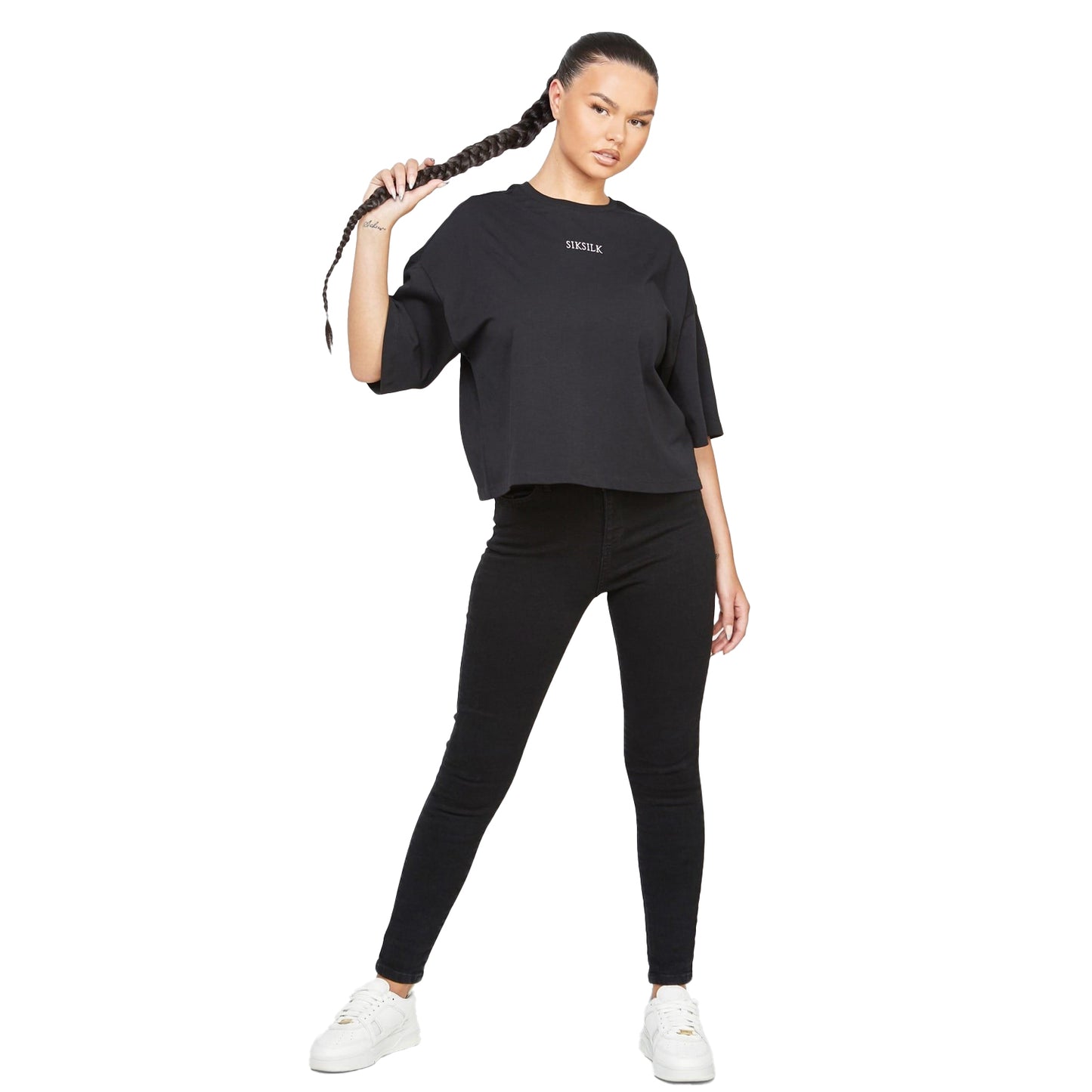 Black - Lifestyle - SikSilk Womens-Ladies Branded Crop T-Shirt