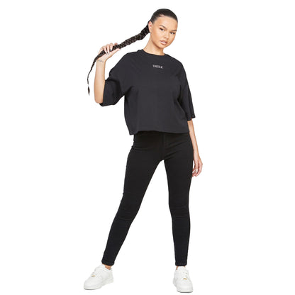 Black - Lifestyle - SikSilk Womens-Ladies Branded Crop T-Shirt