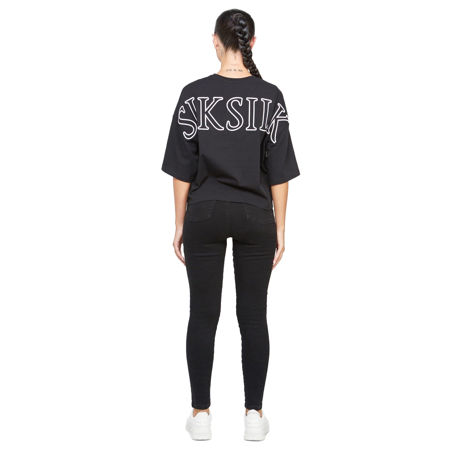 Black - Back - SikSilk Womens-Ladies Branded Crop T-Shirt