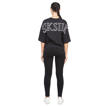Black - Back - SikSilk Womens-Ladies Branded Crop T-Shirt