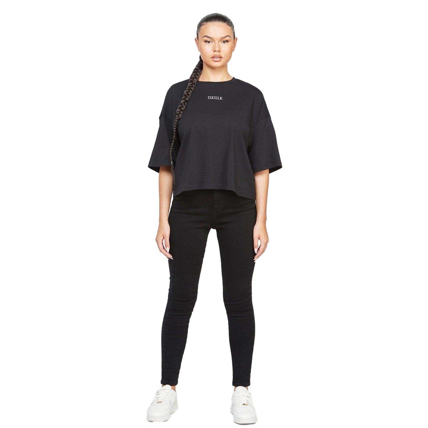 Black - Side - SikSilk Womens-Ladies Branded Crop T-Shirt