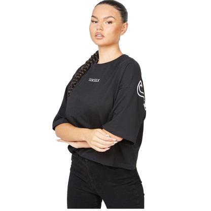 Black - Front - SikSilk Womens-Ladies Branded Crop T-Shirt