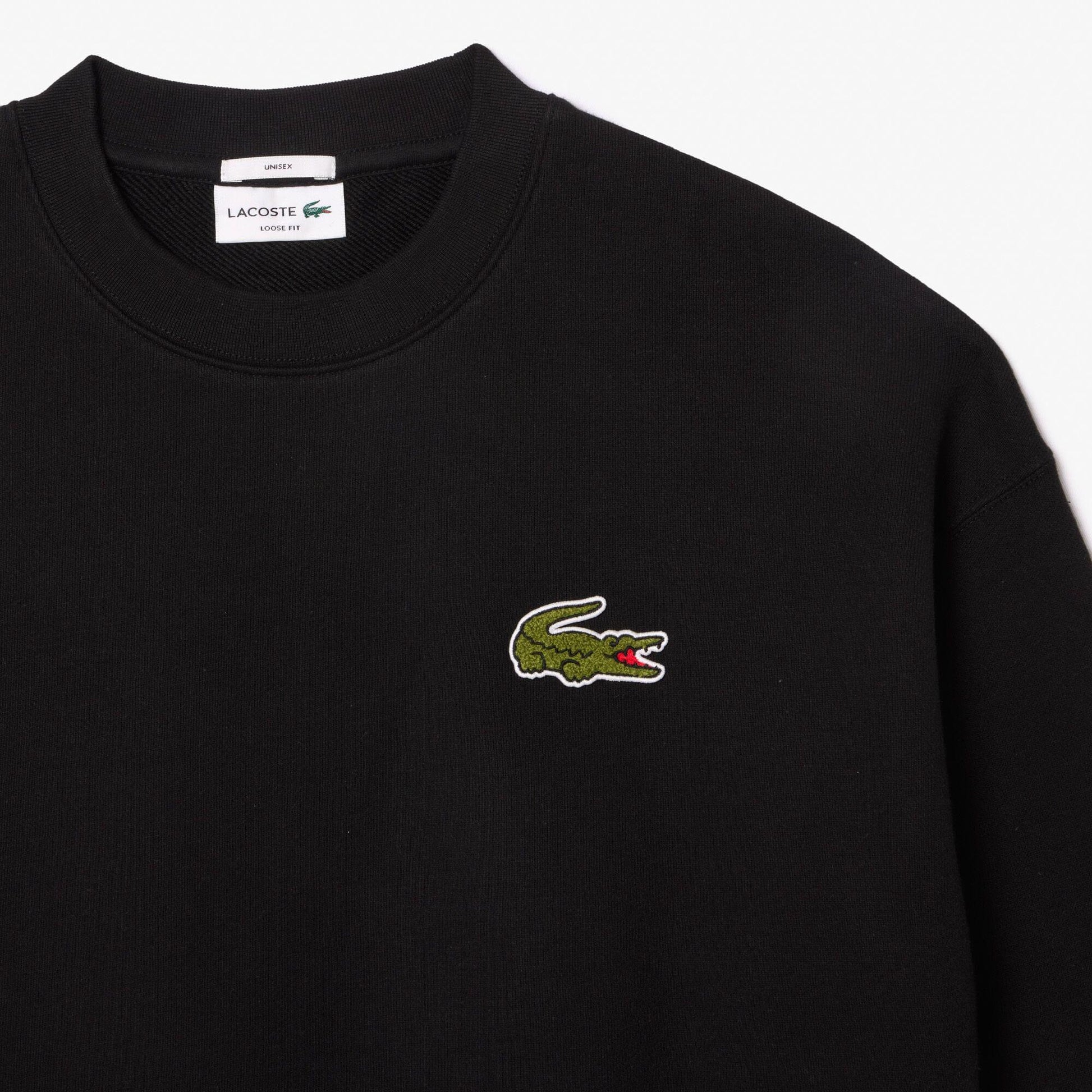 Black - Close up - Lacoste Unisex Adult Accent Badge Fleece Loose Fit Sweatshirt