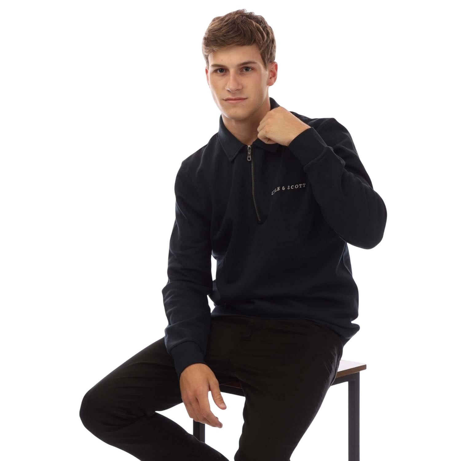 Navy - Close up - Lyle & Scott Mens Collared Quarter Zip Sweatshirt