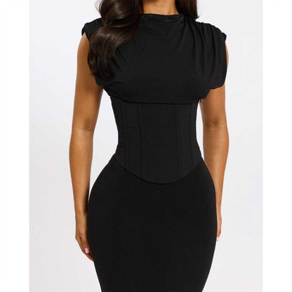 Black - Side - Mars The Label Womens Sandra Tailored High Neck Corset Maxi Dress