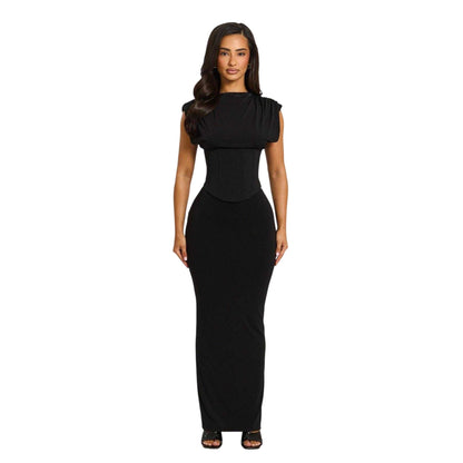 Black - Front - Mars The Label Womens Sandra Tailored High Neck Corset Maxi Dress