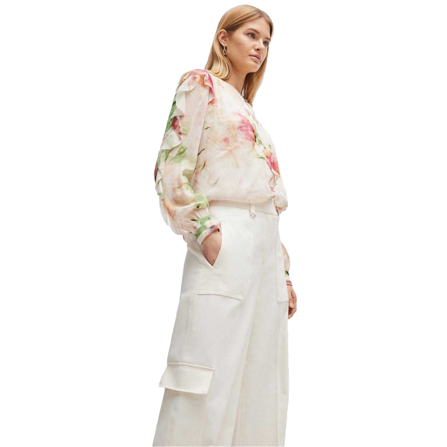 White - Side - Boss Womens-Ladies Teneria Straight Cargo Trousers