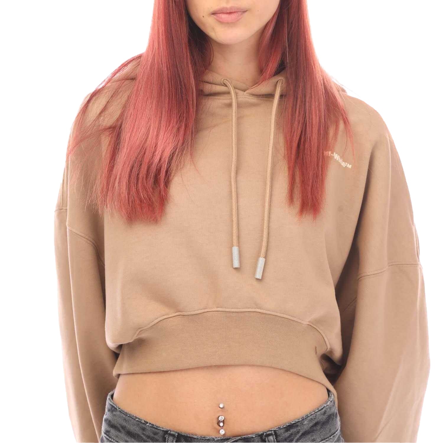Brown - Side - Off White Womens-Ladies For All Oversized Crop Hoodie