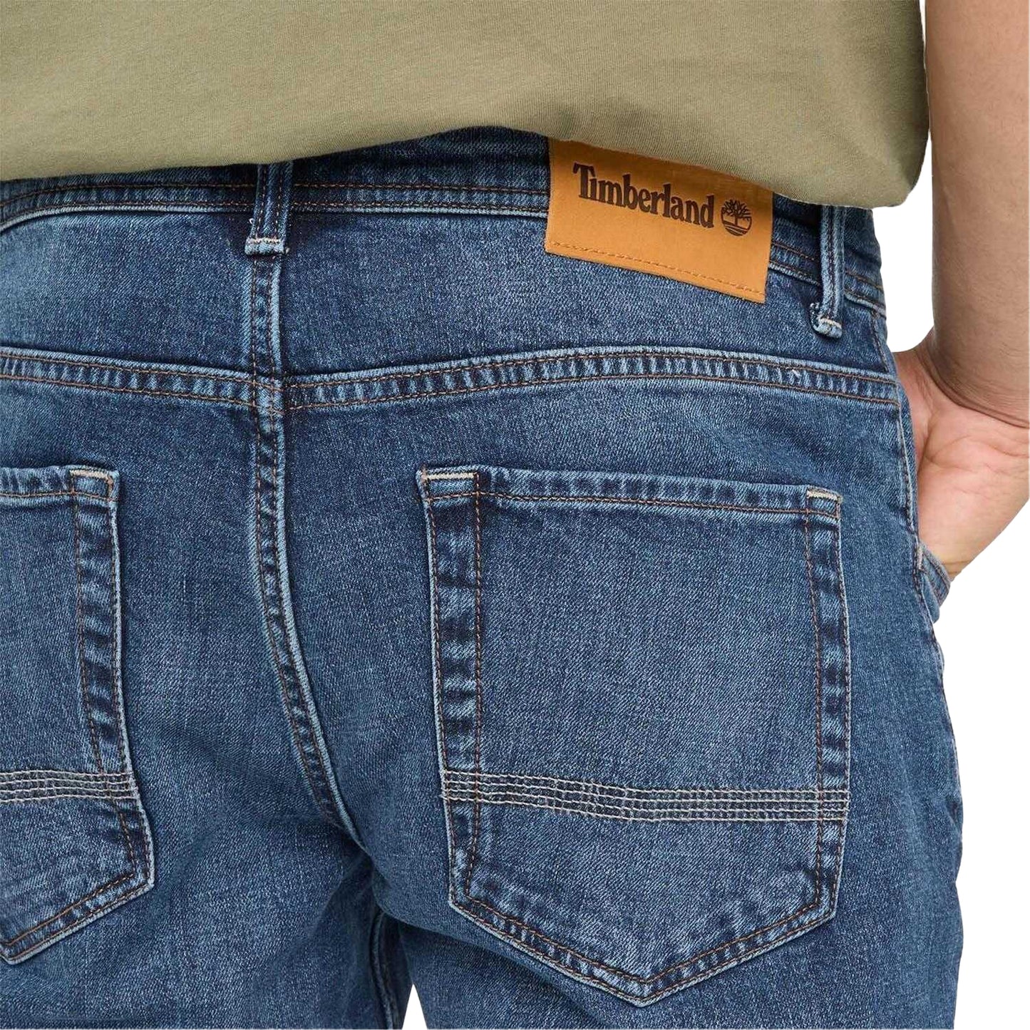 Indigo - Side - Timberland Mens Sandown Leather Badge 5 Pockets Slim Jeans