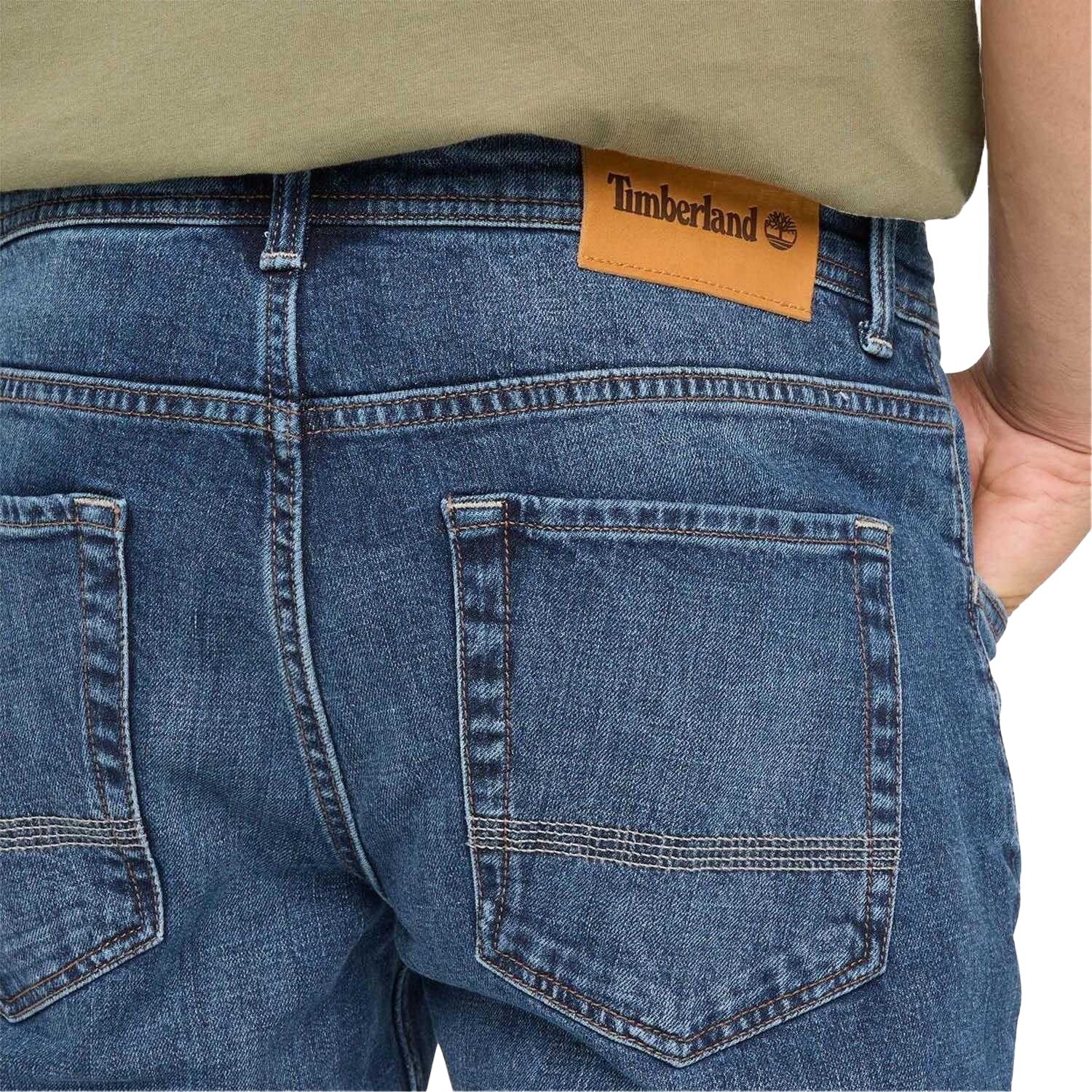 Indigo - Side - Timberland Mens Sandown Leather Badge 5 Pockets Slim Jeans