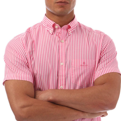Pink - Side - Gant Mens Striped Broadcloth Regular Short-Sleeved Shirt