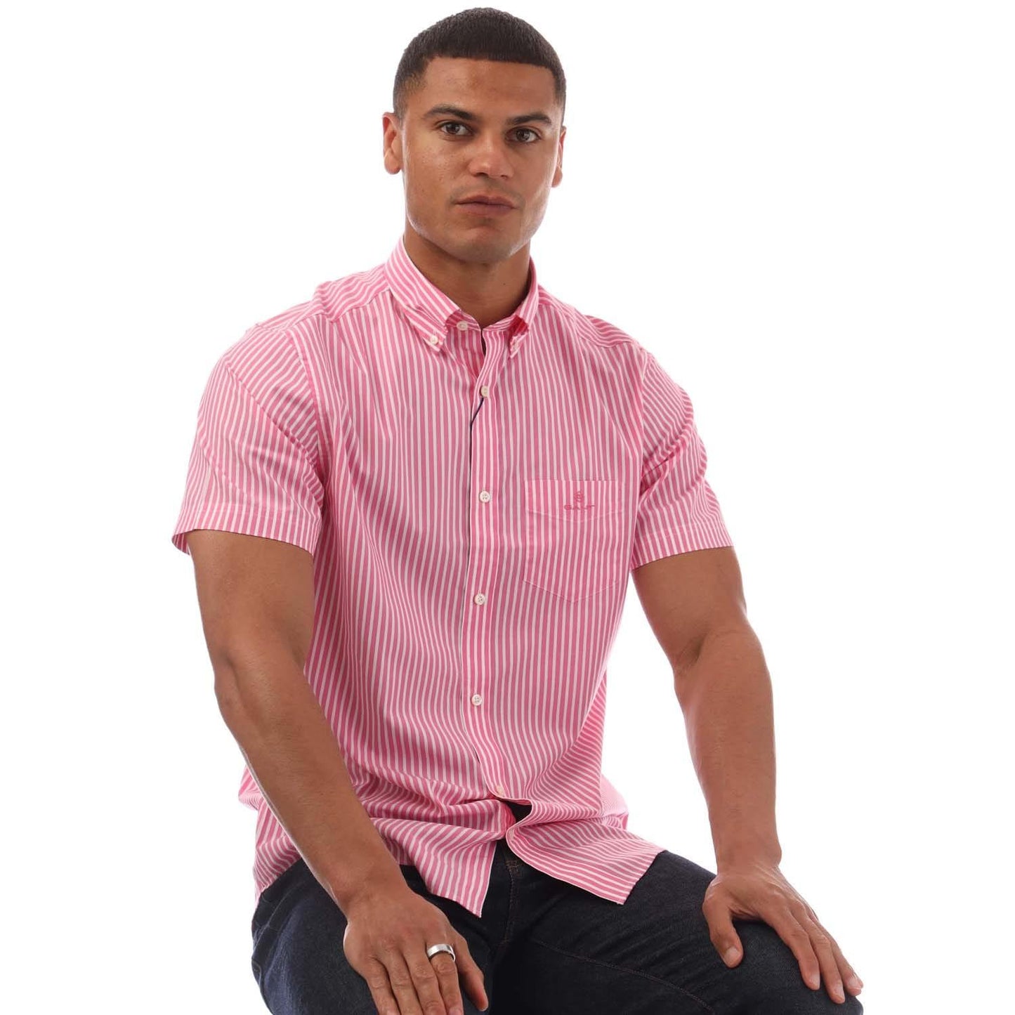 Pink - Lifestyle - Gant Mens Striped Broadcloth Regular Short-Sleeved Shirt