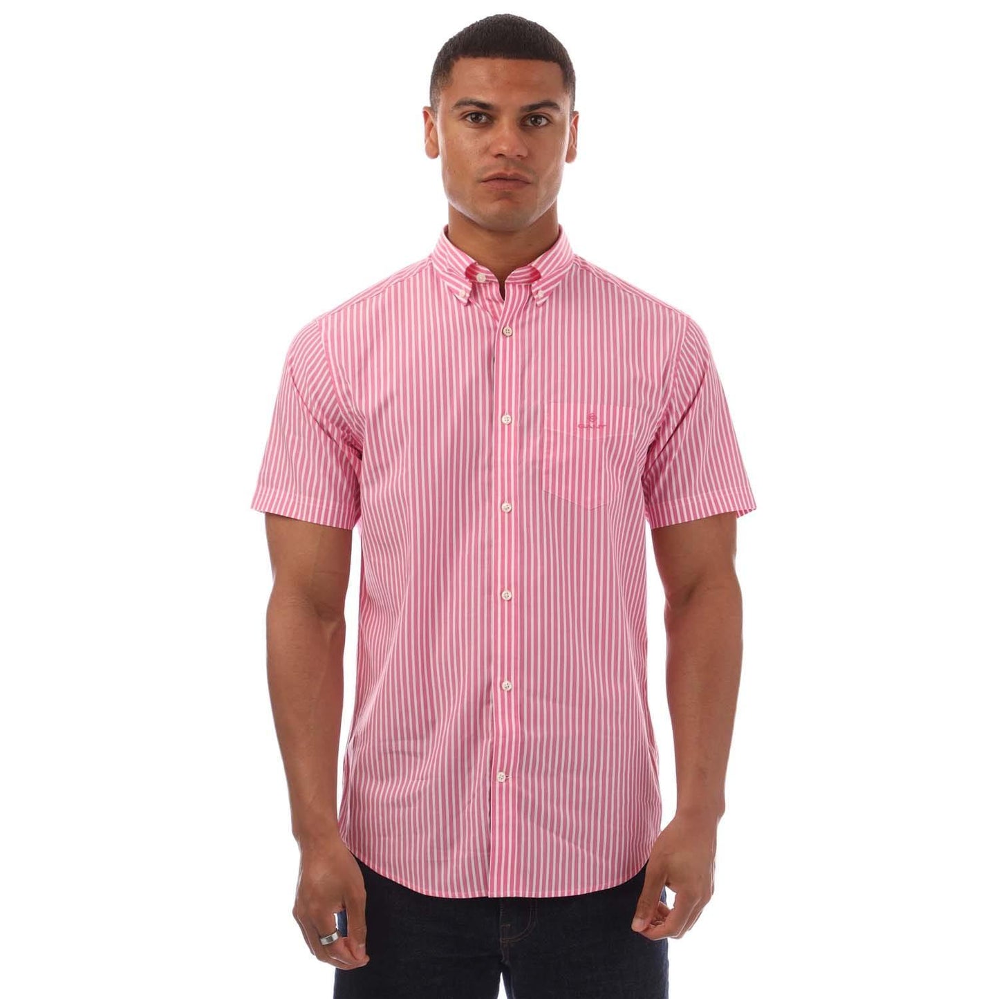 Pink - Front - Gant Mens Striped Broadcloth Regular Short-Sleeved Shirt