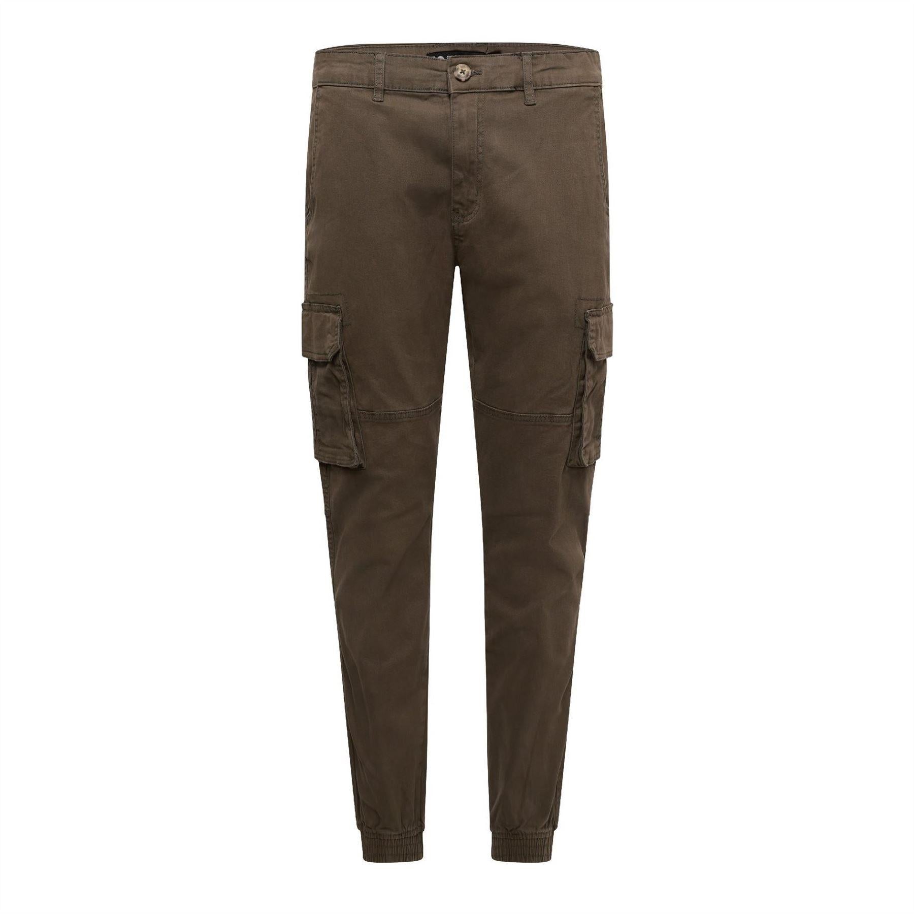 Khaki - Front - Crosshatch Mens Frentons Leather Patch Cargo Trousers