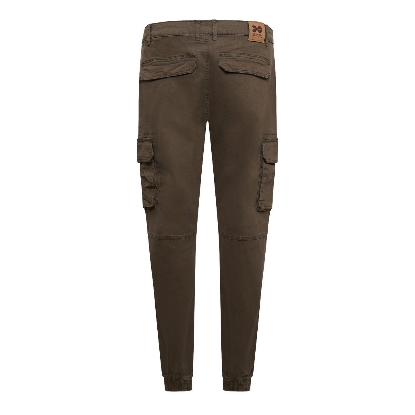 Khaki - Back - Crosshatch Mens Frentons Leather Patch Cargo Trousers