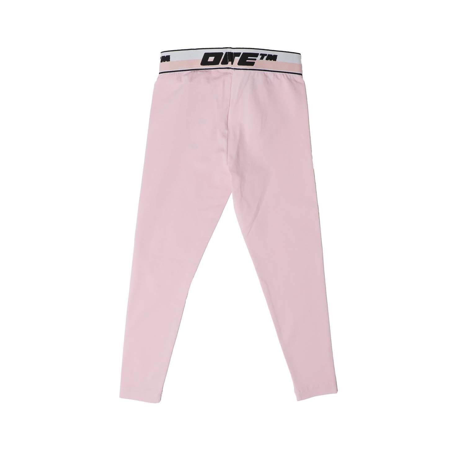 Pink-Black - Back - Off White Childrens-Kids Banded Logo Leggings