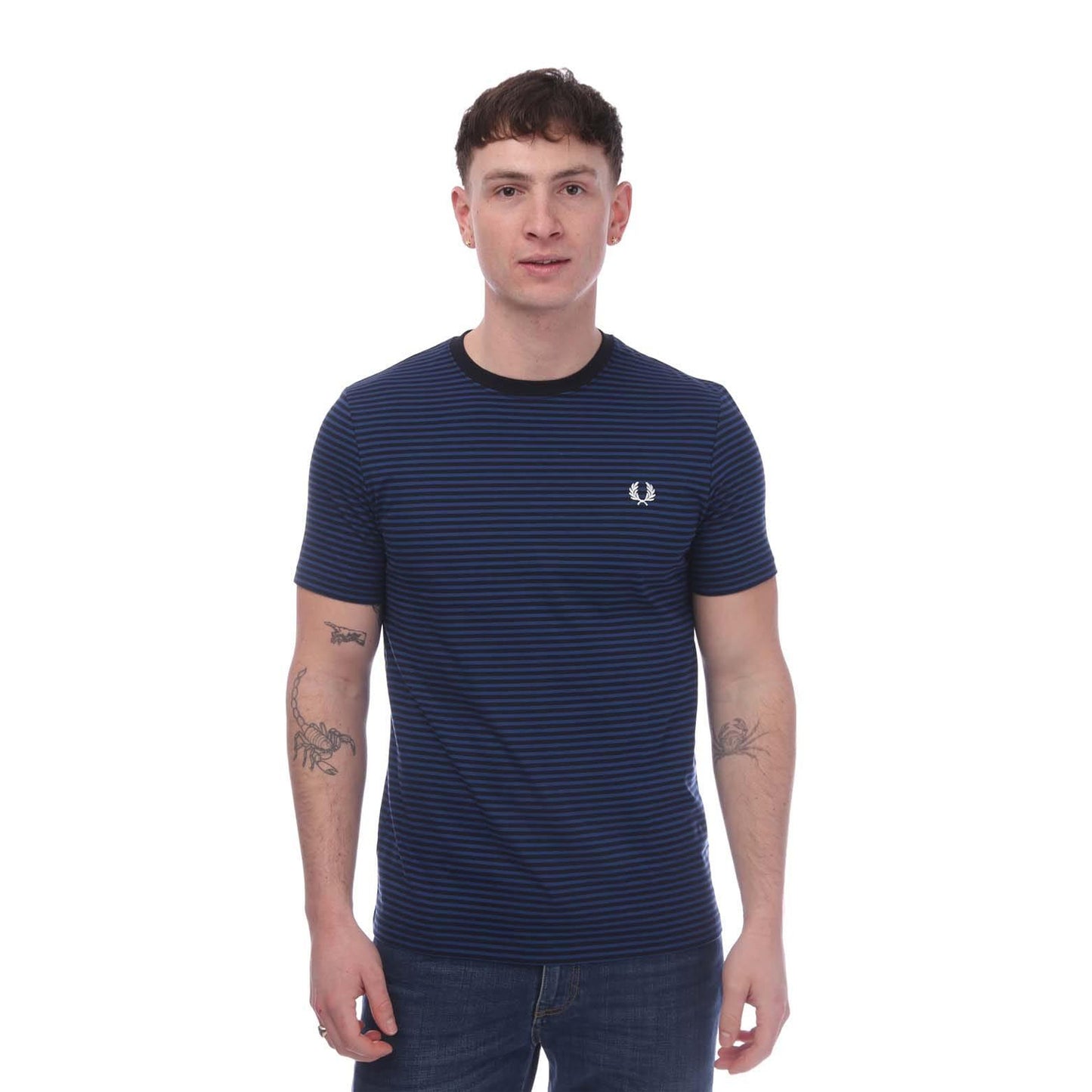 Blue - Side - Fred Perry Mens Fine Stripe Short-Sleeved T-Shirt