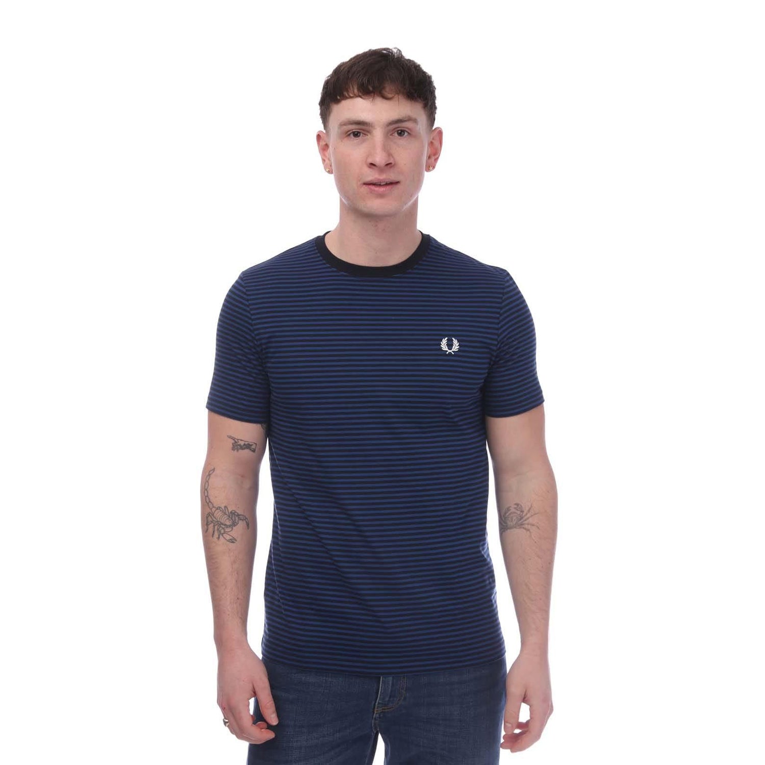 Blue - Side - Fred Perry Mens Fine Stripe Short-Sleeved T-Shirt