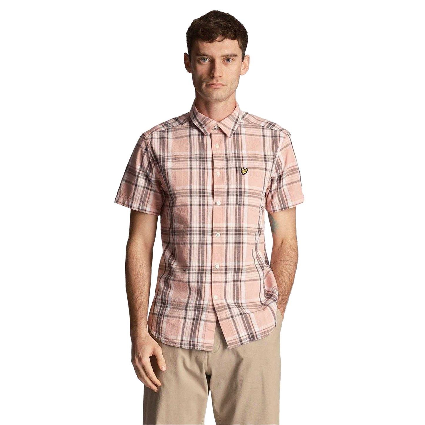 Pink - Front - Lyle & Scott Mens Checked Linen Short-Sleeved Shirt