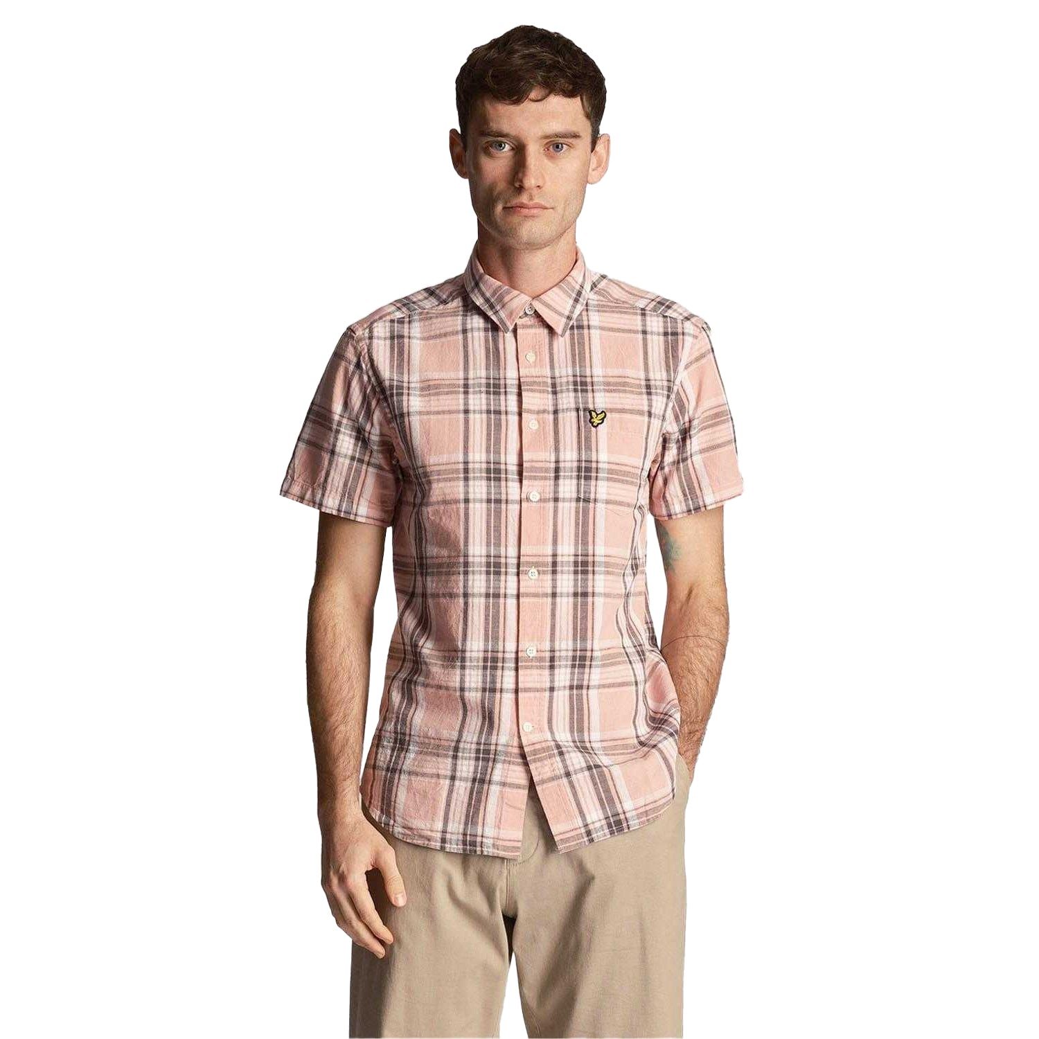 Pink - Front - Lyle & Scott Mens Checked Linen Short-Sleeved Shirt