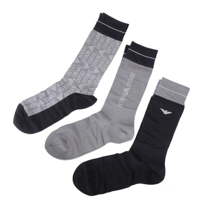 Grey-Black - Back - Emporio Armani Mens Logo Jacquard Socks (Pack of 3)
