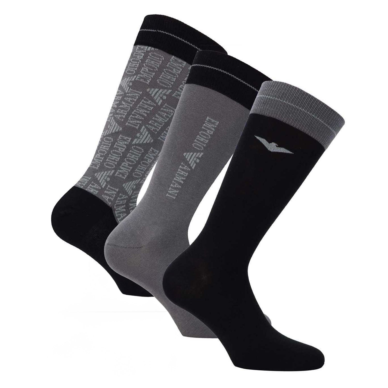 Grey-Black - Front - Emporio Armani Mens Logo Jacquard Socks (Pack of 3)