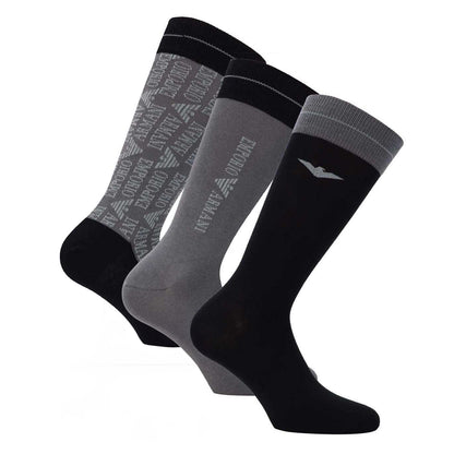 Grey-Black - Front - Emporio Armani Mens Logo Jacquard Socks (Pack of 3)