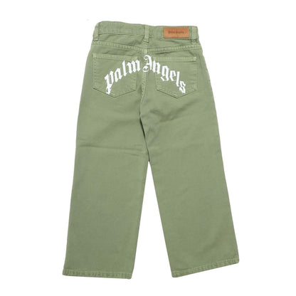 Green-White - Back - Palm Angels Childrens-Kids Curved Logo Leather Badge Wide Leg Trousers