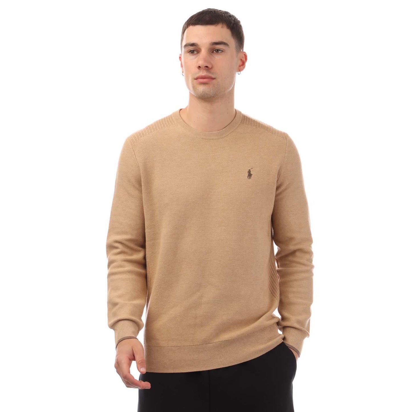 Camel - Front - Ralph Lauren Mens Knitted Mesh Crew Neck Sweatshirt