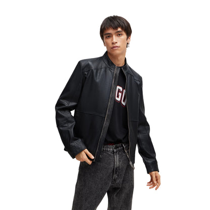 Black - Side - Hugo Mens Lokis Lambs Leather Full Zip Biker Jacket