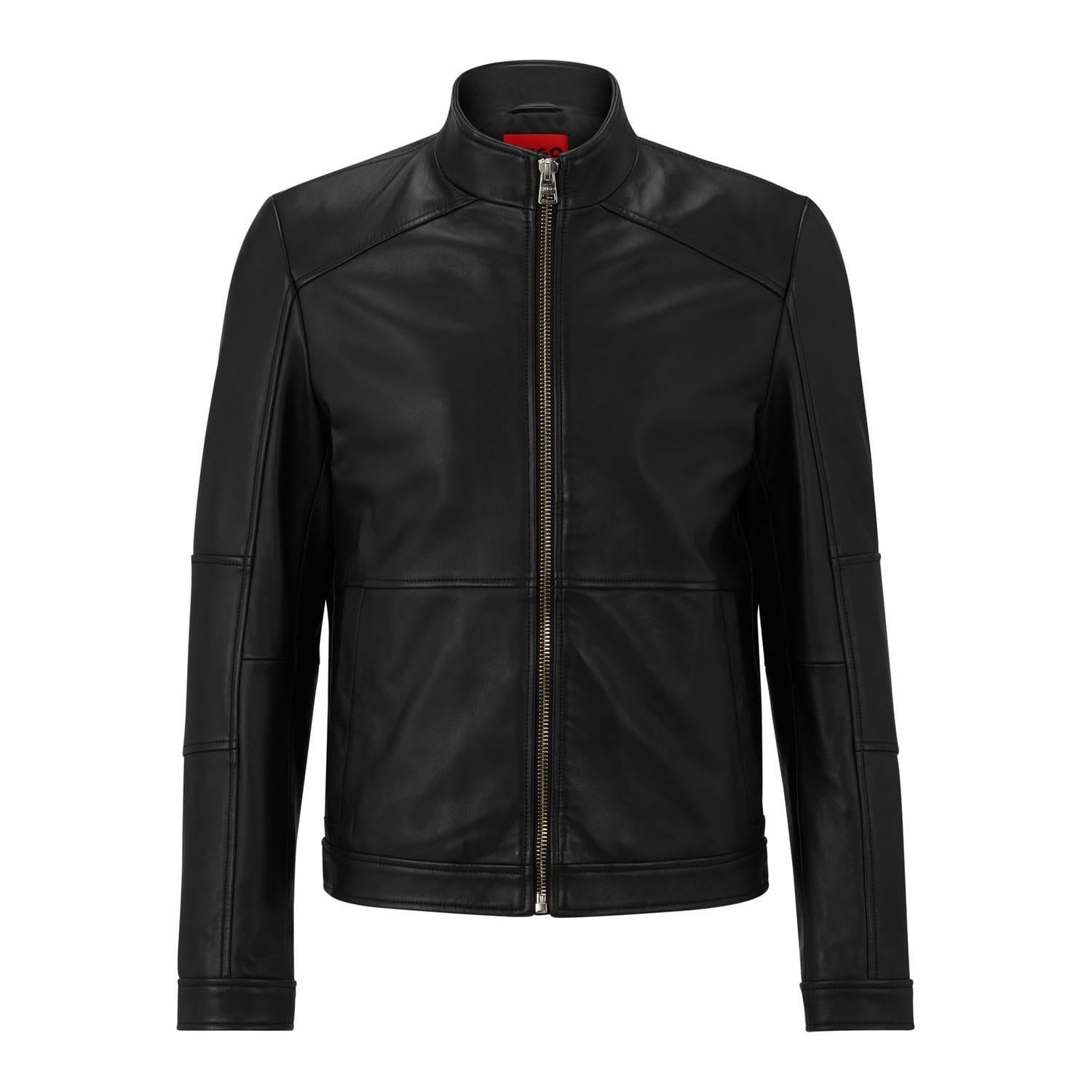 Black - Front - Hugo Mens Lokis Lambs Leather Full Zip Biker Jacket