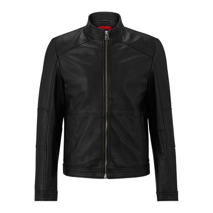 Black - Front - Hugo Mens Lokis Lambs Leather Full Zip Biker Jacket