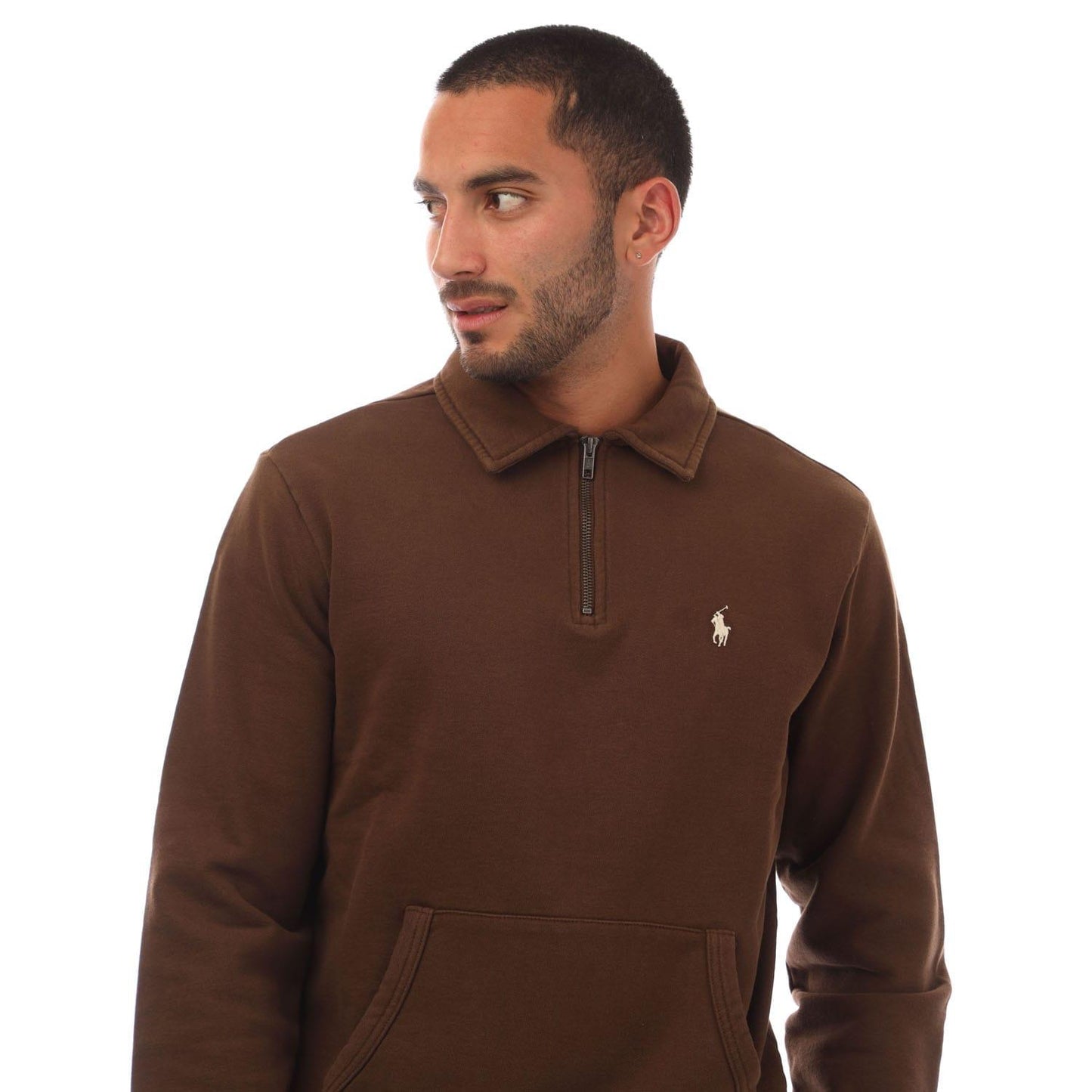 Brown - Side - Ralph Lauren Mens Terrycloth Quarter Zip Sweatshirt