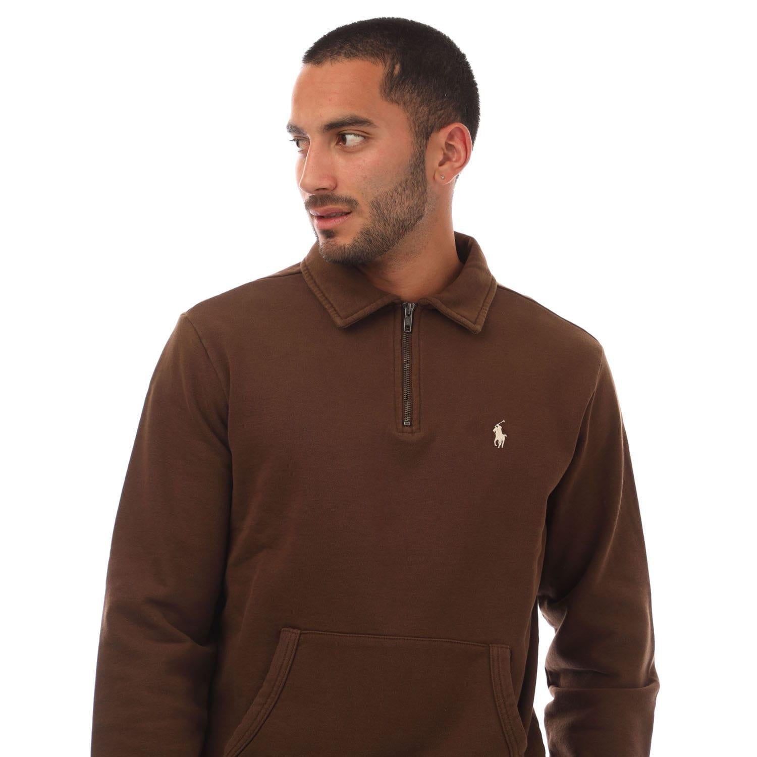 Brown - Side - Ralph Lauren Mens Terrycloth Quarter Zip Sweatshirt