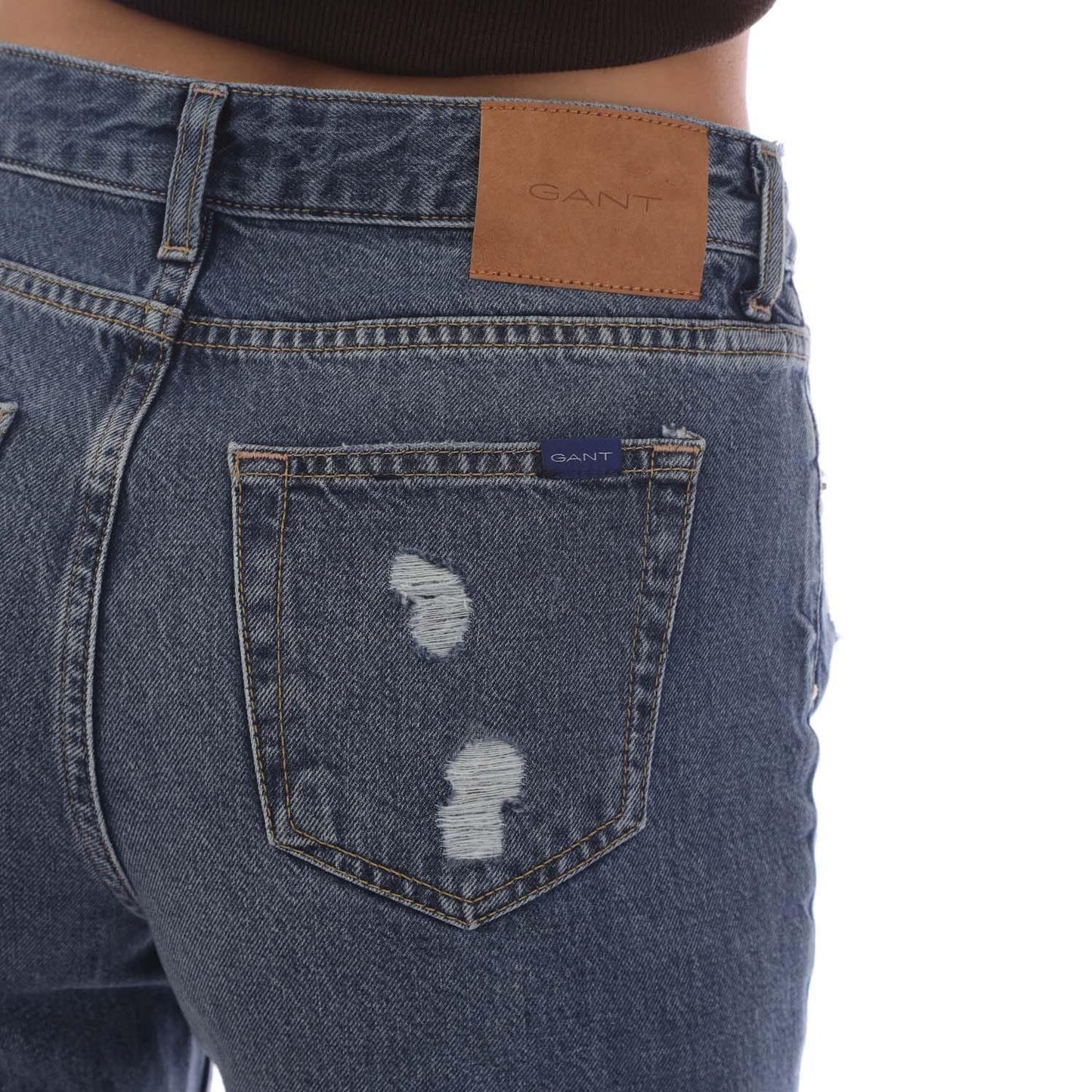 Blue - Side - Gant Womens-Ladies Camie Ripped Cropped Relaxed Fit Jeans