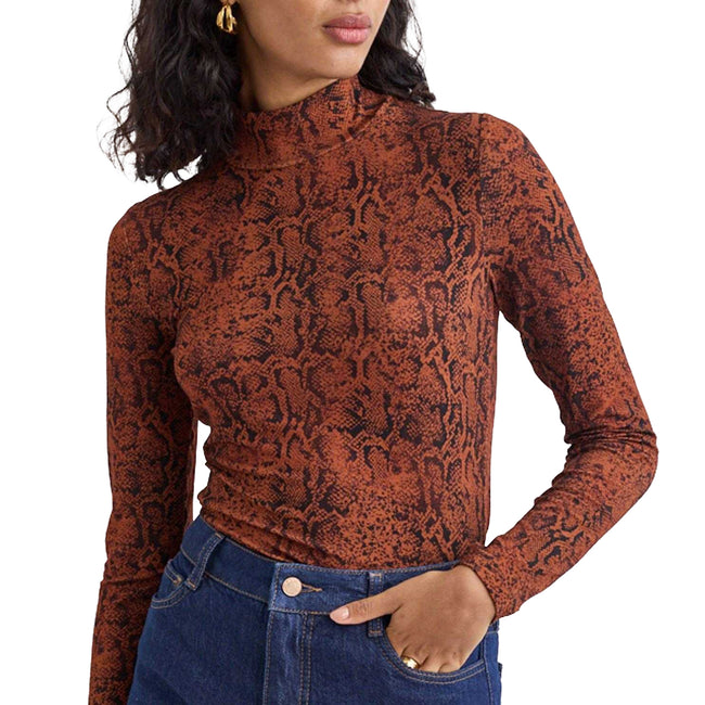 Brown-Black - Side - Nobody´s Child Womens-Ladies Lyra Snake Print Funnel Neck Long-Sleeved Top