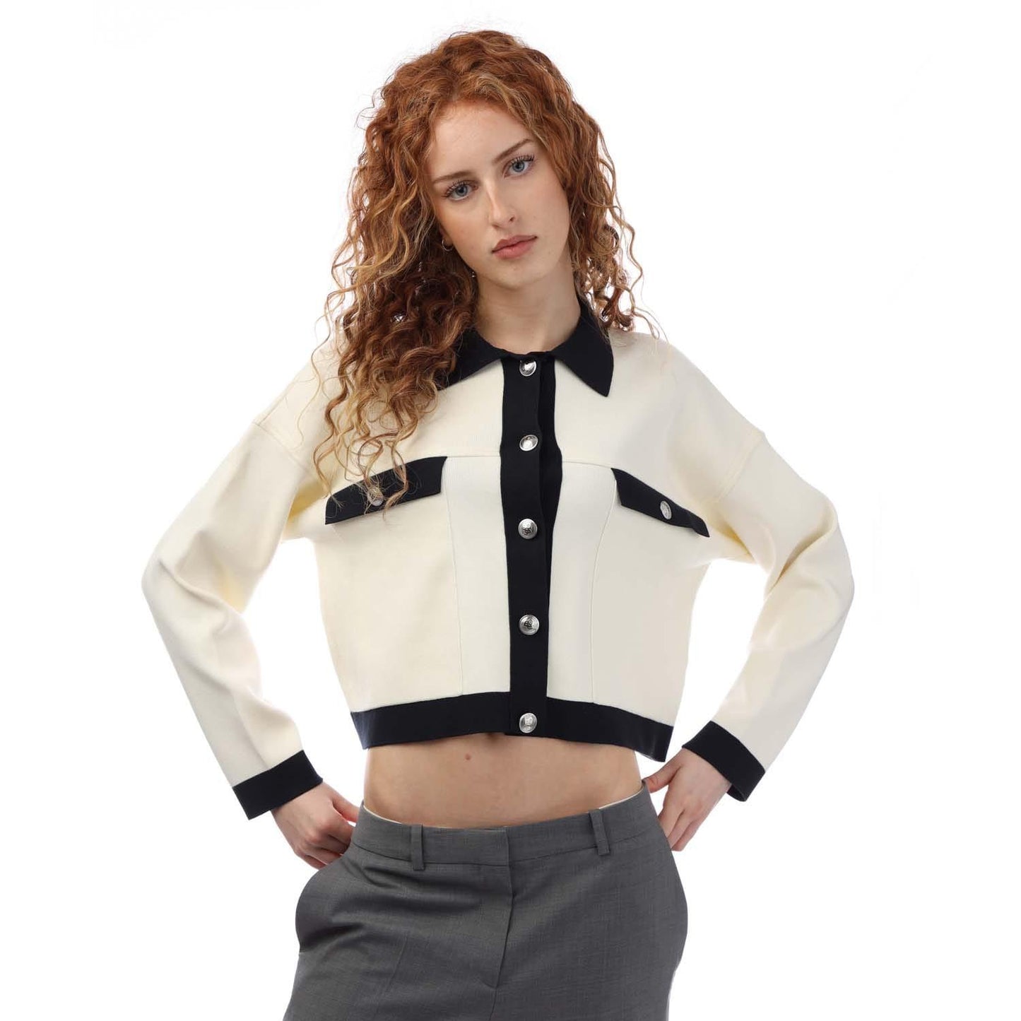 Cream-Black - Front - Boss Womens-Ladies Femolia Knitted Cropped Jacket