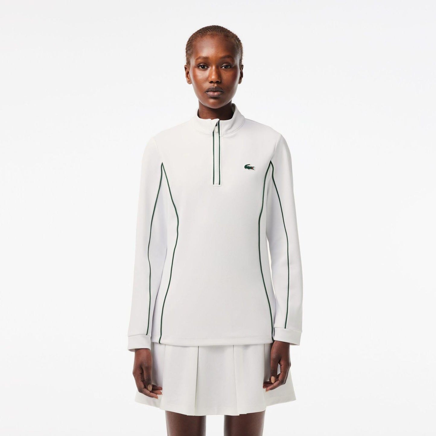 White-Green - Pack Shot - Lacoste Womens-Ladies Layered Slim Tennis Sweatshirt