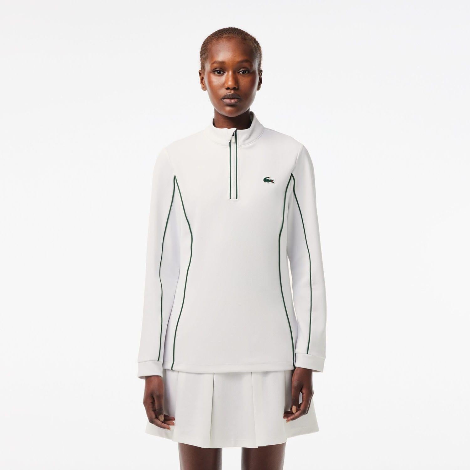 White-Green - Pack Shot - Lacoste Womens-Ladies Layered Slim Tennis Sweatshirt
