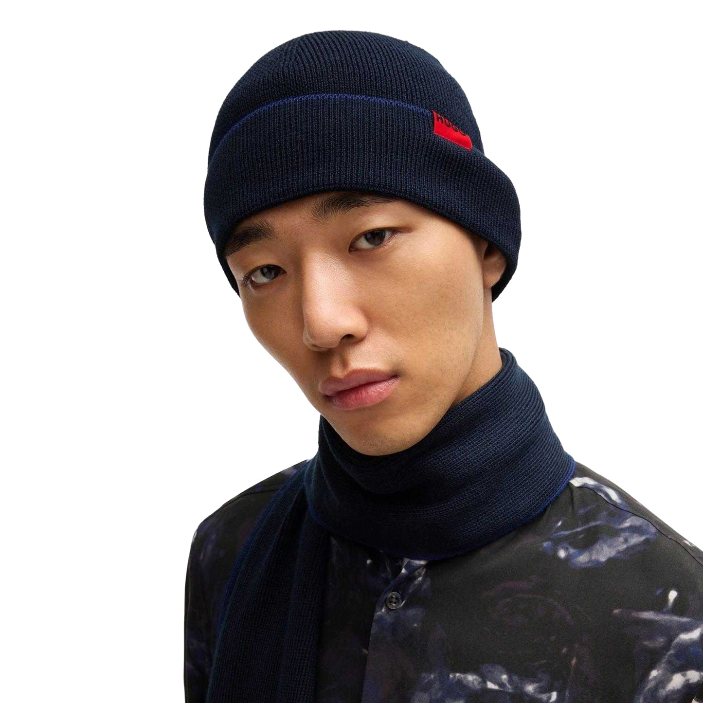 Navy-Red - Back - Hugo Mens Zaschel Hat And Scarf Set