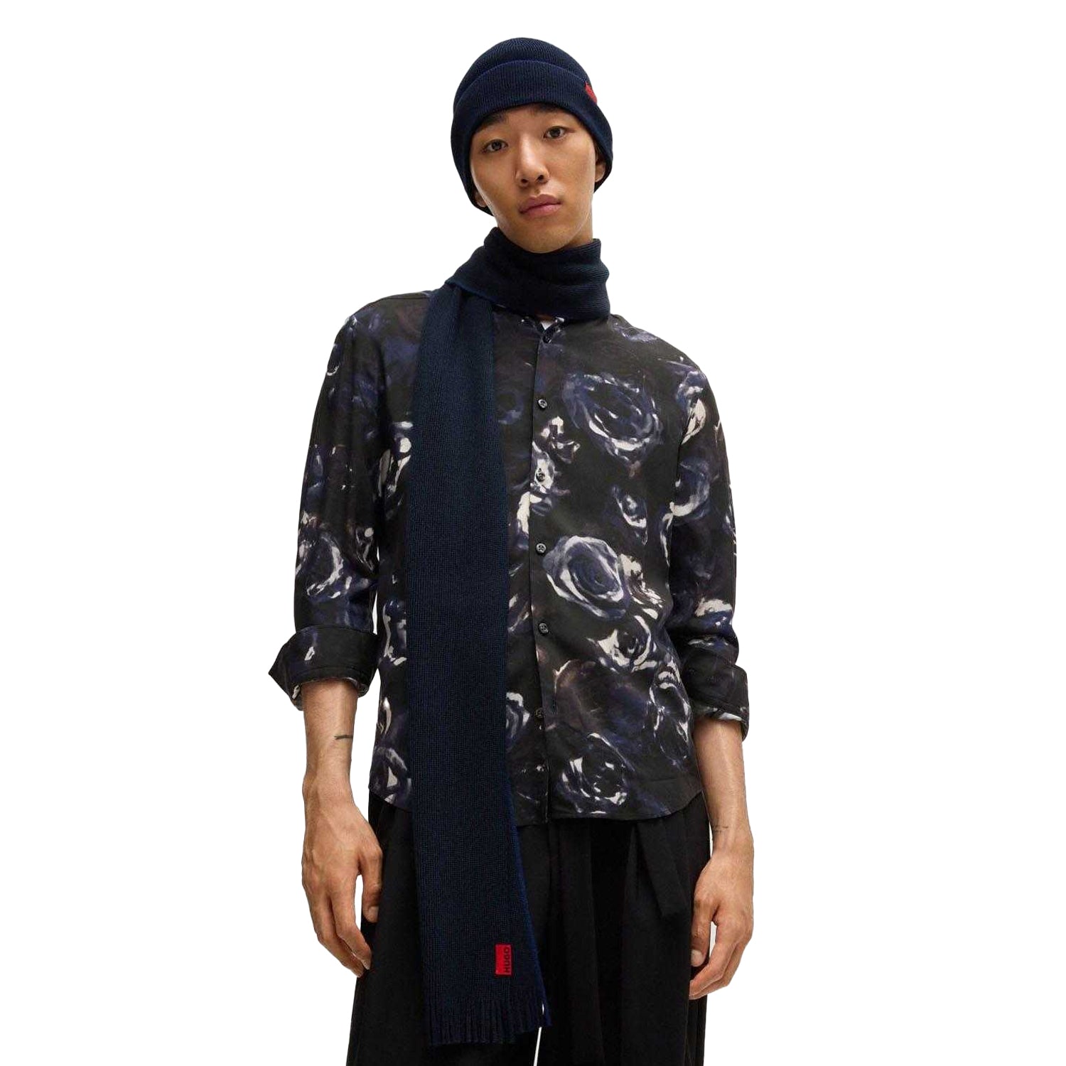Navy-Red - Side - Hugo Mens Zaschel Hat And Scarf Set