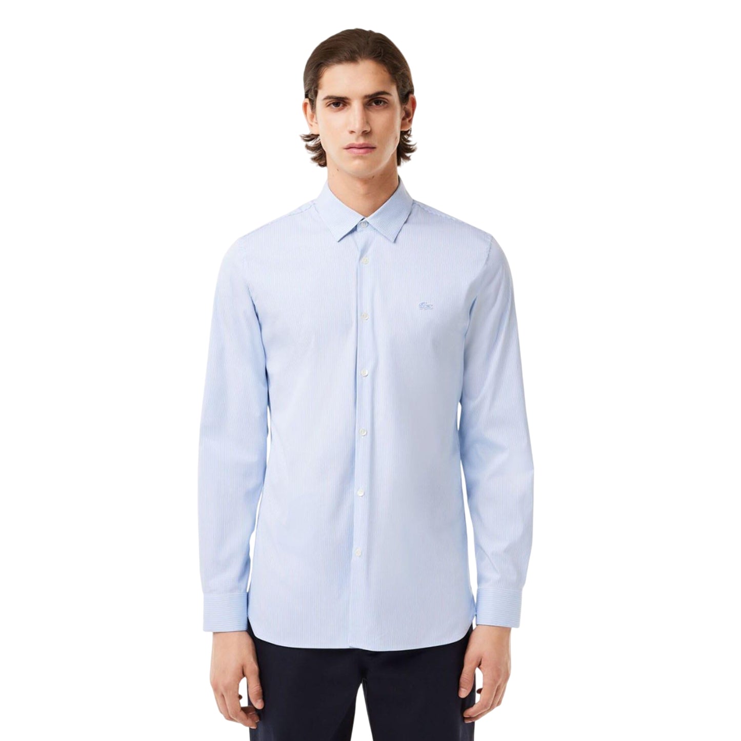 Light Blue - Pack Shot - Lacoste Mens Striped Poplin Stretch Slim Shirt