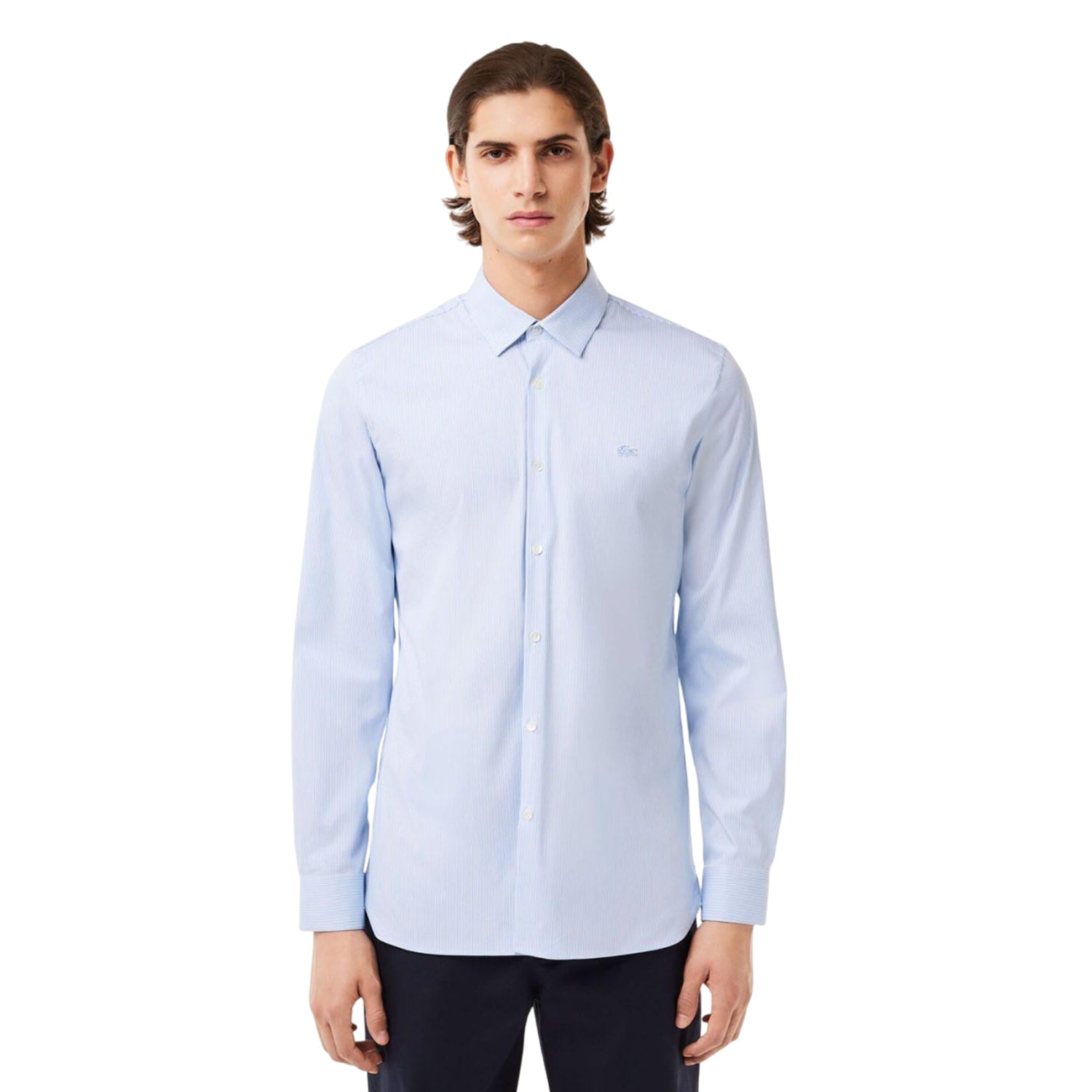 Light Blue - Pack Shot - Lacoste Mens Striped Poplin Stretch Slim Shirt