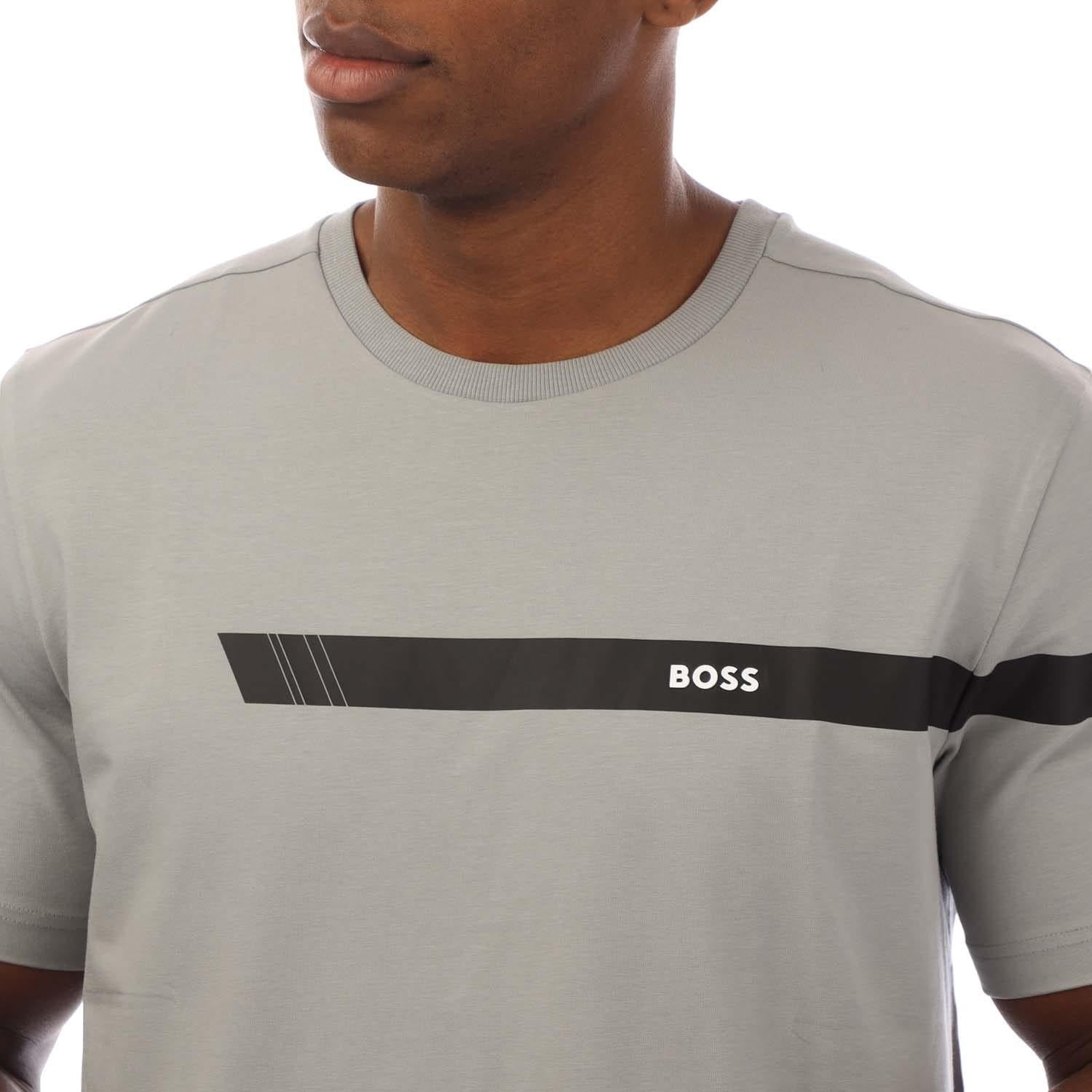 Grey - Side - Boss Mens Stripe Logo T-Shirt