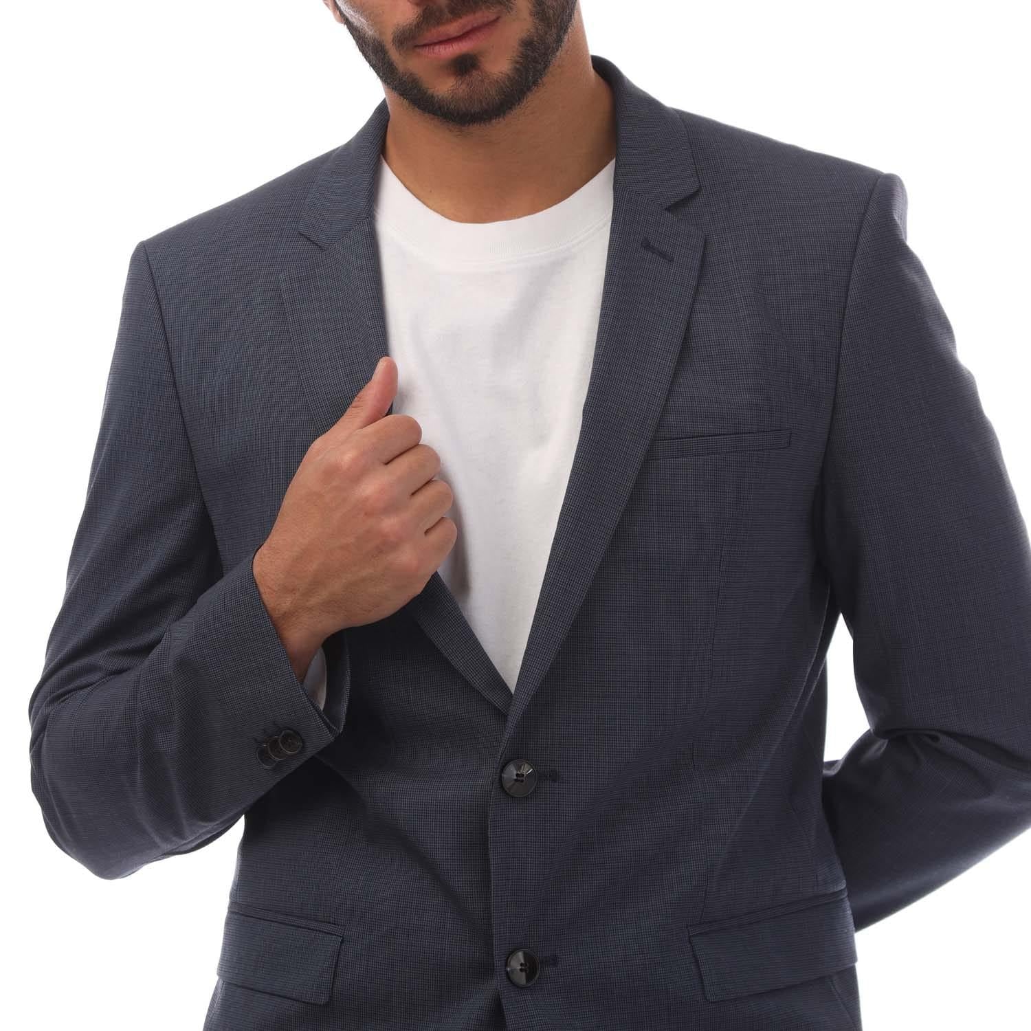 Dark Blue - Side - Hugo Mens Houndstooth Extra-Slim Jacket