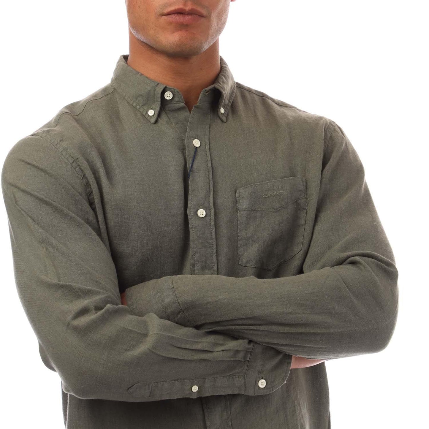 Green - Side - Gant Mens Linen Garment Dyed Regular Shirt