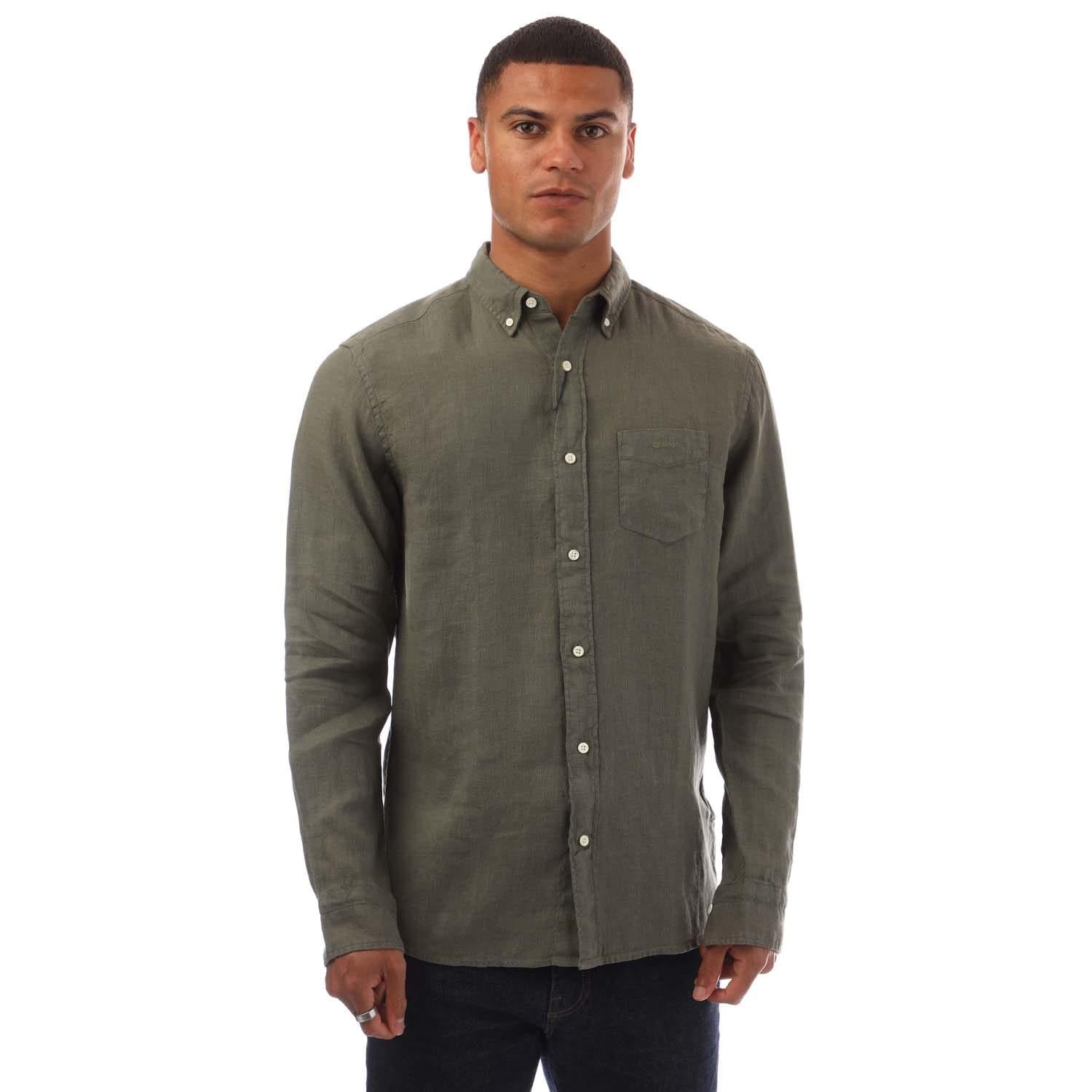 Green - Front - Gant Mens Linen Garment Dyed Regular Shirt